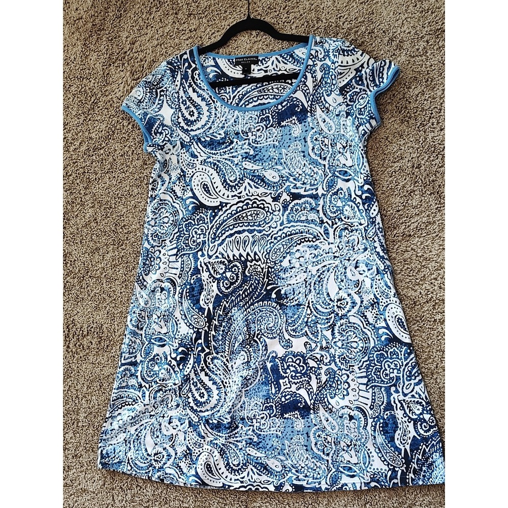 Women Dress Miss Elaine Medium Paisley Blue White Aline Beach‎ Casual Relaxed